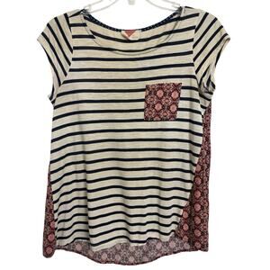 Anthropologie Mixed Media Boho Short Sleeve Top Size Small Striped Floral Hippie